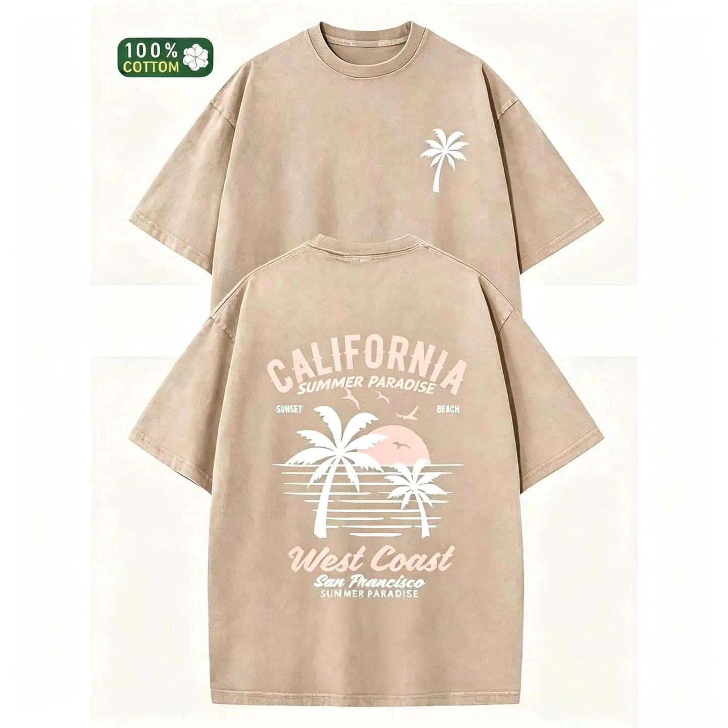 Washed Cotton California Graphic Tee – 230g Soft Vintage Surf Beach Tee with Palm Trees & Retro Print, Loose Fit Summer Casual Shirt for Men Women, Unisex Machine Washable