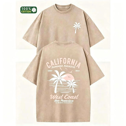 Washed Cotton California Graphic Tee – 230g Soft Vintage Surf Beach Tee with Palm Trees & Retro Print, Loose Fit Summer Casual Shirt for Men Women, Unisex Machine Washable