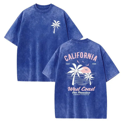 Washed Cotton California Graphic  –  Soft Vintage Surf Beach  with Palm Trees & Retro Print, Loose Fit Summer Casual Shirt for Men Women, Unisex Machine Washable