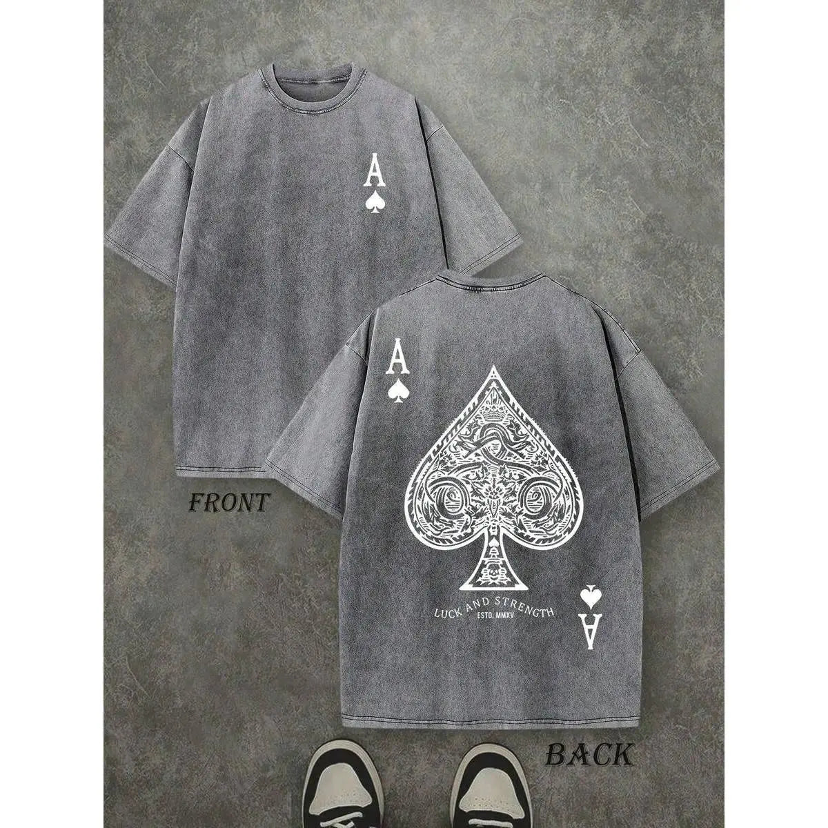 Retro Washed T-Shirt Double Sided Printed (230 Pure Cotton T-Shirt) 'LUCK AND STRENGTH'  Letter And Ace Of Spades Pattern Print, Men's T-Shirt, Men's Casual, Comfortable, Fashionable T-Shirt, Men's and women's T-shirts: Unisex cotton T-shirts: Unique gift