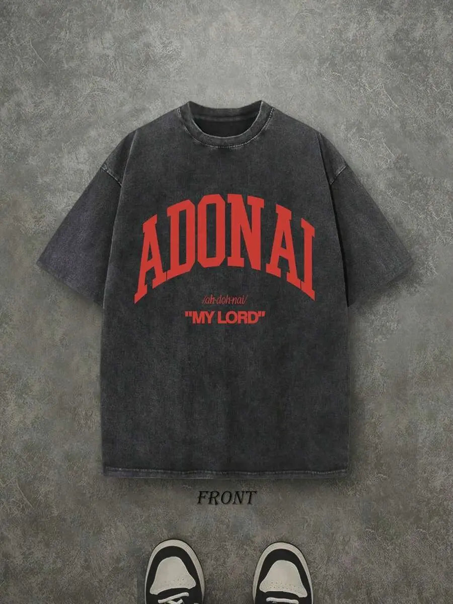Retro Washed T-Shirt Single-Sided Printed (230 Pure Cotton T-Shirt) 'ADONAI MY LORD' Letter And Pattern Print, Mens TShirt, Mens Shirt Casual, Comfortable, Fashionable T-Shirt, Street Style Cotton