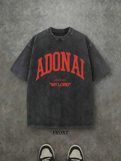 Retro Washed T-Shirt Single-Sided Printed (230 Pure Cotton T-Shirt) 'ADONAI MY LORD' Letter And Pattern Print, Mens TShirt, Mens Shirt Casual, Comfortable, Fashionable T-Shirt, Street Style Cotton