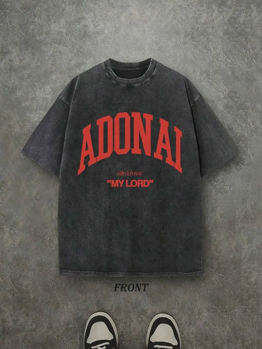 Retro Washed T-Shirt Single-Sided Printed (230 Pure Cotton T-Shirt) 'ADONAI MY LORD' Letter And Pattern Print, Mens TShirt, Mens Shirt Casual, Comfortable, Fashionable T-Shirt, Street Style Cotton