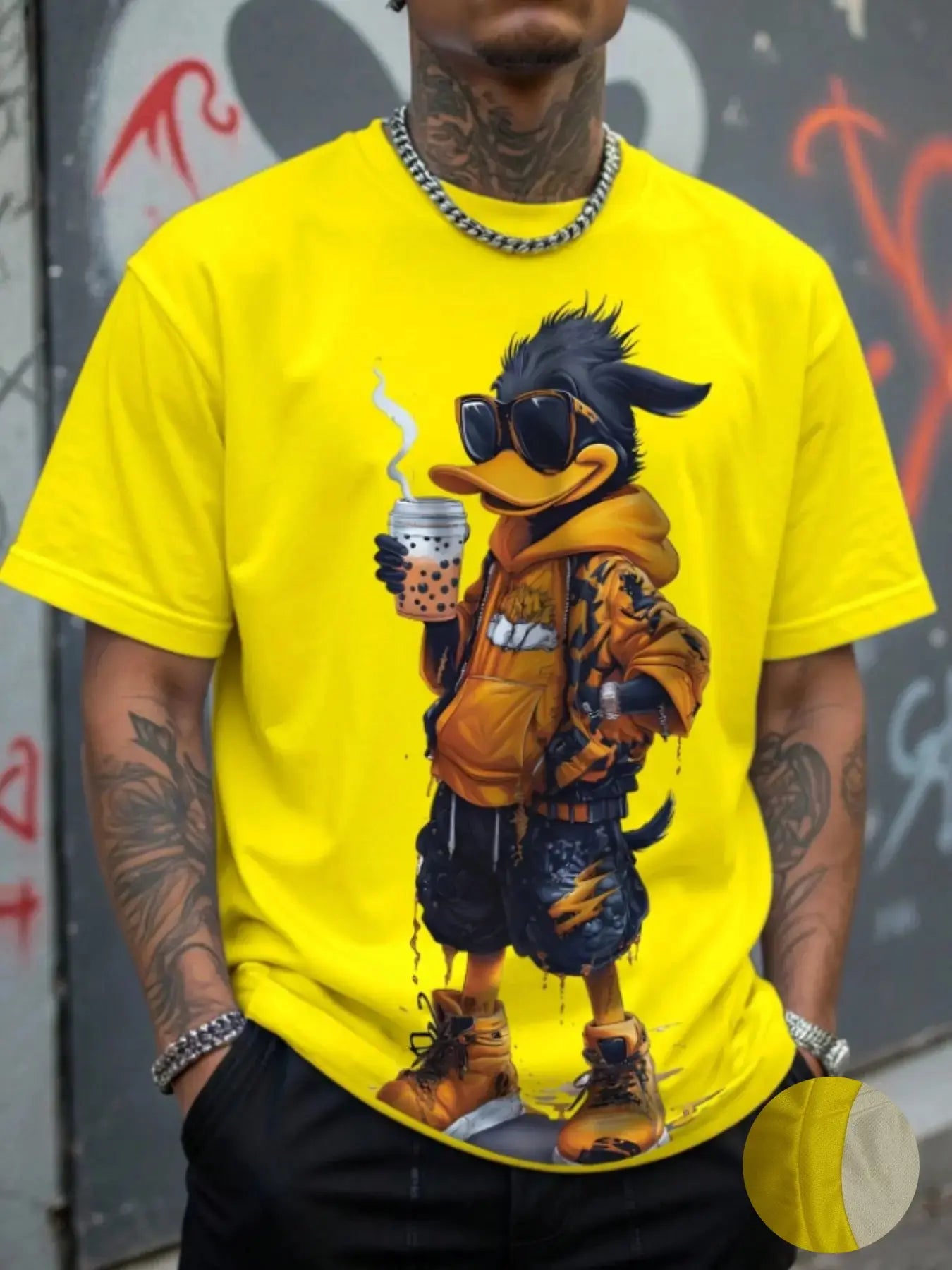 Men's 3D Cartoon Print Round Neck Short Sleeve Casual Streetwear T-Shirt, Fitted All over Print, Long Clothing, All Seasons Wear