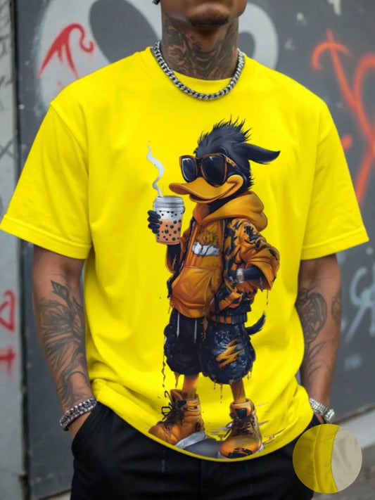 Men's 3D Cartoon Print Round Neck Short Sleeve Casual Streetwear T-Shirt, Fitted All over Print, Long Clothing, All Seasons Wear