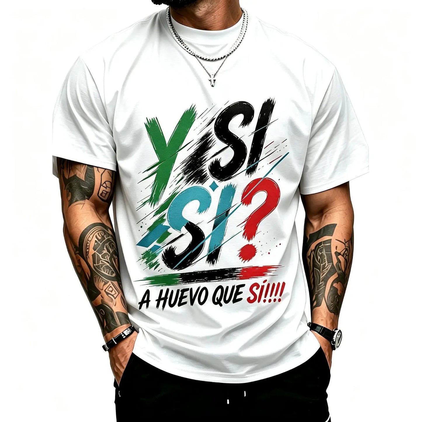 Emicar Y Si...Si? A Huevo Que Si Mexico Spirit T-Shirt Mexican Flag Colors Bold Graphic Print Apparel Short Sleeve