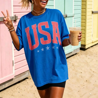 Retro America 4th Of July Shirt Preppy Fourth of July Tshirt Trendy Oversized USA Tee Aesthetic Patriotic Shirt Casual Summer Womenswear