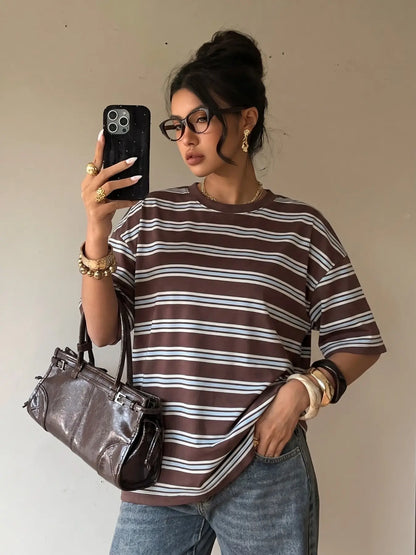 Soft Striped Oversized, Baggy Half Sleeve Casual Streetwear Daily Wear Lounge Summer Women's T‑Shirt With Retro Color Block Stripe Design Loose Fit Breathable Fabric Ideal For Everyday Outings Coffee Runs Basic Essential Tee