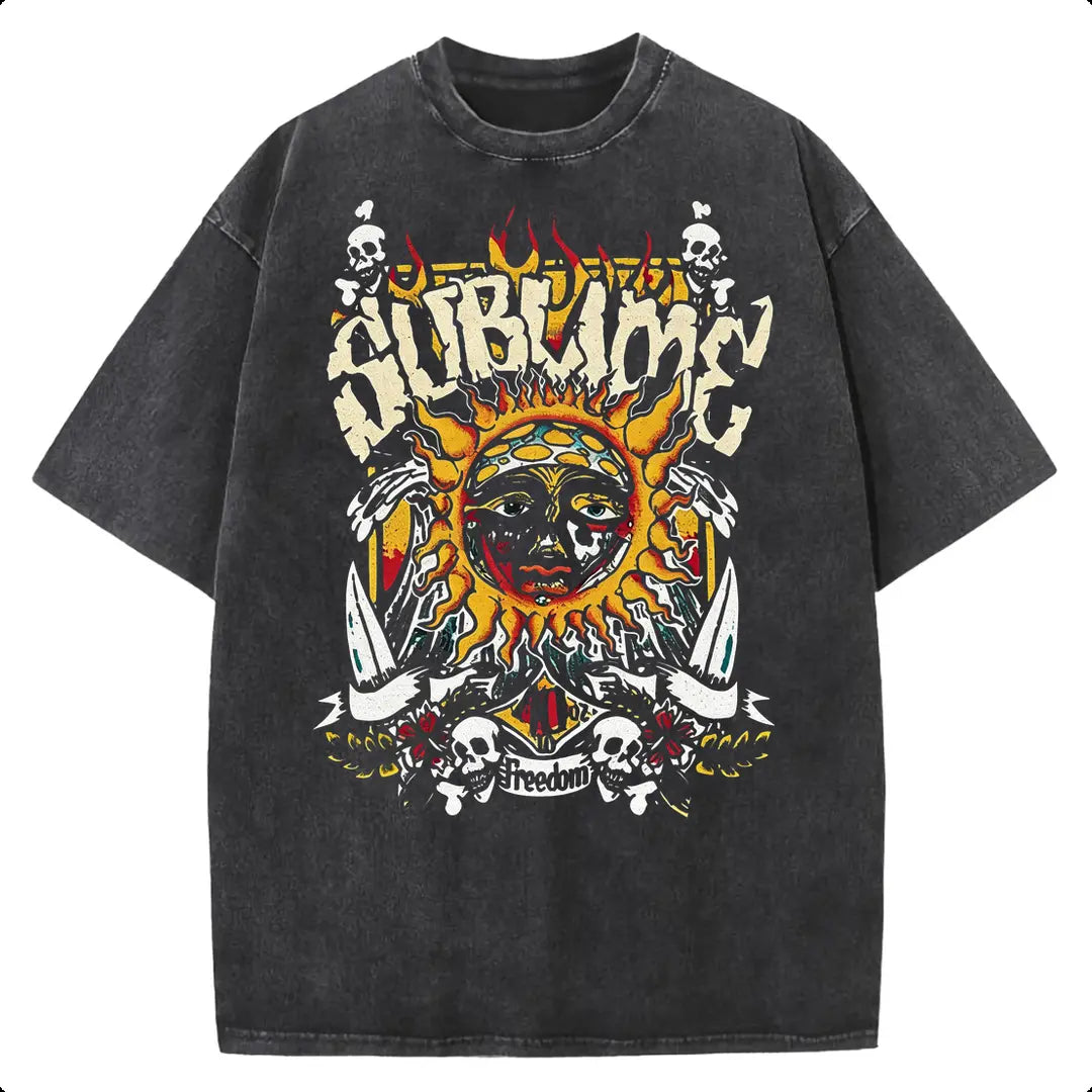 Women's Acid Wash T-Shirt, Vintage Sun Graphic in Heavyweight Cotton, Baggy Fit with Round Neck