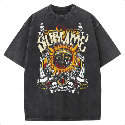 Women's Acid Wash T-Shirt, Vintage Sun Graphic in Heavyweight Cotton, Baggy Fit with Round Neck