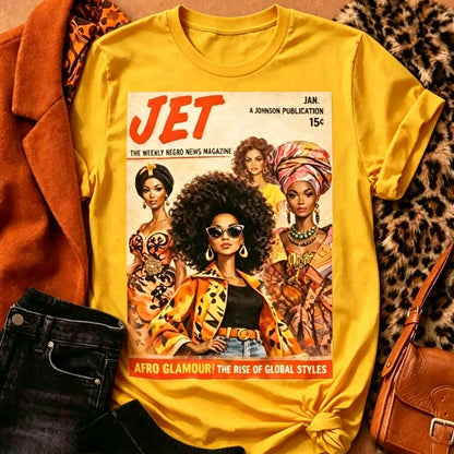 Afro Glamour Vintage Magazine Cotton T-shirt for Women Artistic Fashion Afrocentric Fall Graphic Tee R