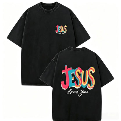 Washed T - Shirt, 1pc Y2K Retro Style, 230G Printed Spring Summer Crew Neck 100% Cotton Soft Daily Streetwear Faith Short - Sleeve T - Shirt with Colorful 'JESUS' on Front and Back fathersdaygift，funny graphic tee, men’s trendy t-shirts,