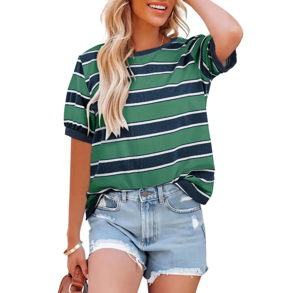Dokotoo Women's Summer Tops 2026 Striped Color Block Short Sleeve T-Shirts Crewneck Casual Loose Basic Tee Blouses 95% Cotton 5% Elastane Breathable Lightweight Soft Durable