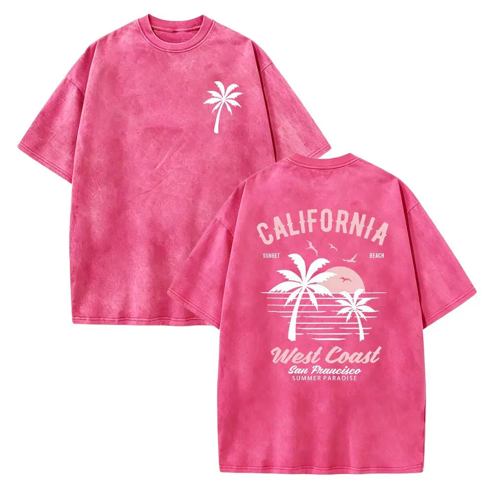 Washed Cotton California Graphic Tee – 250g Soft Vintage Surf Beach Tee with Palm Trees & Retro Print, Loose Fit Summer Casual Shirt for Men Women, Unisex Machine Washable