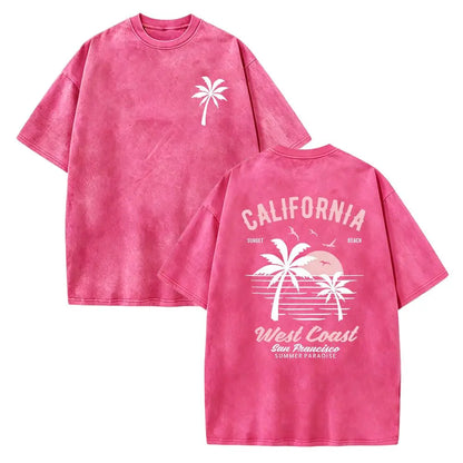 Washed Cotton California Graphic Tee – 250g Soft Vintage Surf Beach Tee with Palm Trees & Retro Print, Loose Fit Summer Casual Shirt for Men Women, Unisex Machine Washable