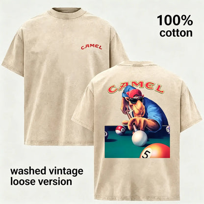 Camel Joe Pool Playing Graphic Tee Vintage Washed 100 Cotton T Shirt Retro Distressed Short Sleeve Casual Streetwear Billiards Shirt Summer Fashion Top Relaxed Fit Loose Version Crew Neck Unisex Tee for Retro Fans