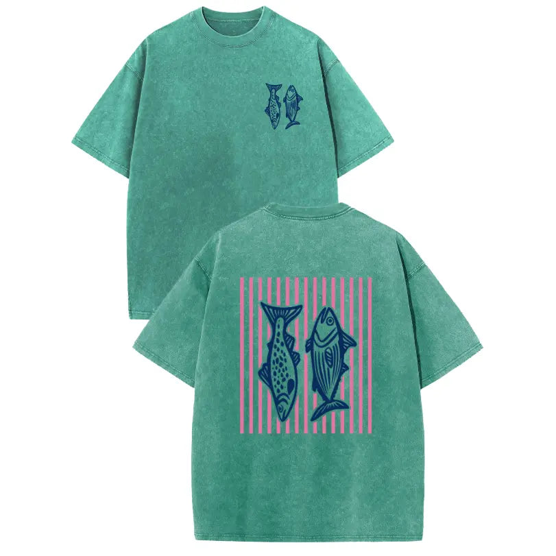 Holafish 2026 100% Cotton Crewneck Acid Wash T‑Shirt, Retro Pink Striped Dual‑Side Fish Graphic Printed Unisex Fashion Tees summervibes Casual Top