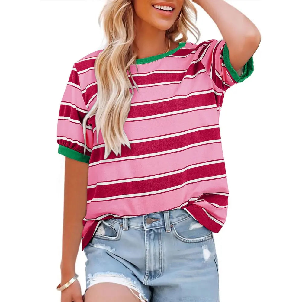 Dokotoo Women's Summer Tops 2026 Striped Color Block Short Sleeve T-Shirts Crewneck Casual Loose Basic Tee Blouses 95% Cotton 5% Elastane Breathable Lightweight Soft Durable