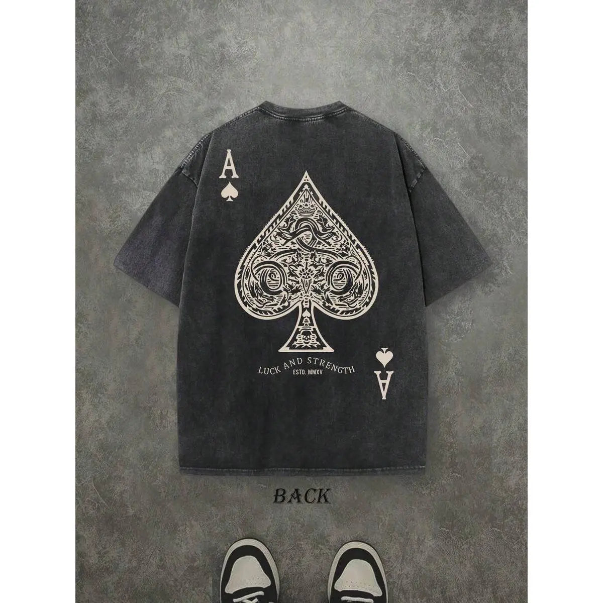 Retro Washed T-Shirt Double Sided Printed (230 Pure  T-Shirt) 'LUCK AND STRENGTH'  Letter And Ace Of Spades Pattern Print, Men's T-Shirt, Men's Casual, Comfortable, Fashionable T-Shirt, Street Style