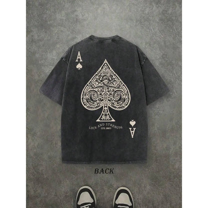 Retro Washed T-Shirt Double Sided Printed (230 Pure  T-Shirt) 'LUCK AND STRENGTH'  Letter And Ace Of Spades Pattern Print, Men's T-Shirt, Men's Casual, Comfortable, Fashionable T-Shirt, Street Style