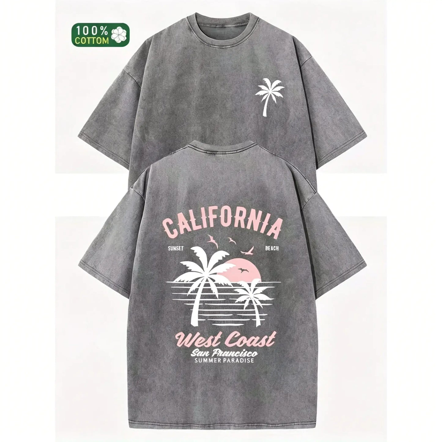 Washed Cotton California Graphic Tee – 230g Soft Vintage Surf Beach Tee with Palm Trees & Retro Print, Loose Fit Summer Casual Shirt for Men Women, Unisex Machine Washable