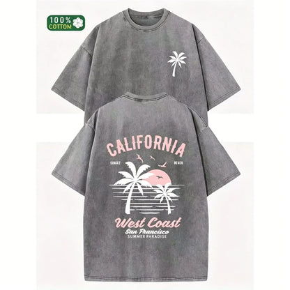 Washed Cotton California Graphic Tee – 230g Soft Vintage Surf Beach Tee with Palm Trees & Retro Print, Loose Fit Summer Casual Shirt for Men Women, Unisex Machine Washable