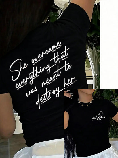 Women's Y2K Style Letter Print Round Neck Short Top, Fitted Motivational Slogan T-Shirt, Casual Everyday Streetwear for Daily Wear，short top