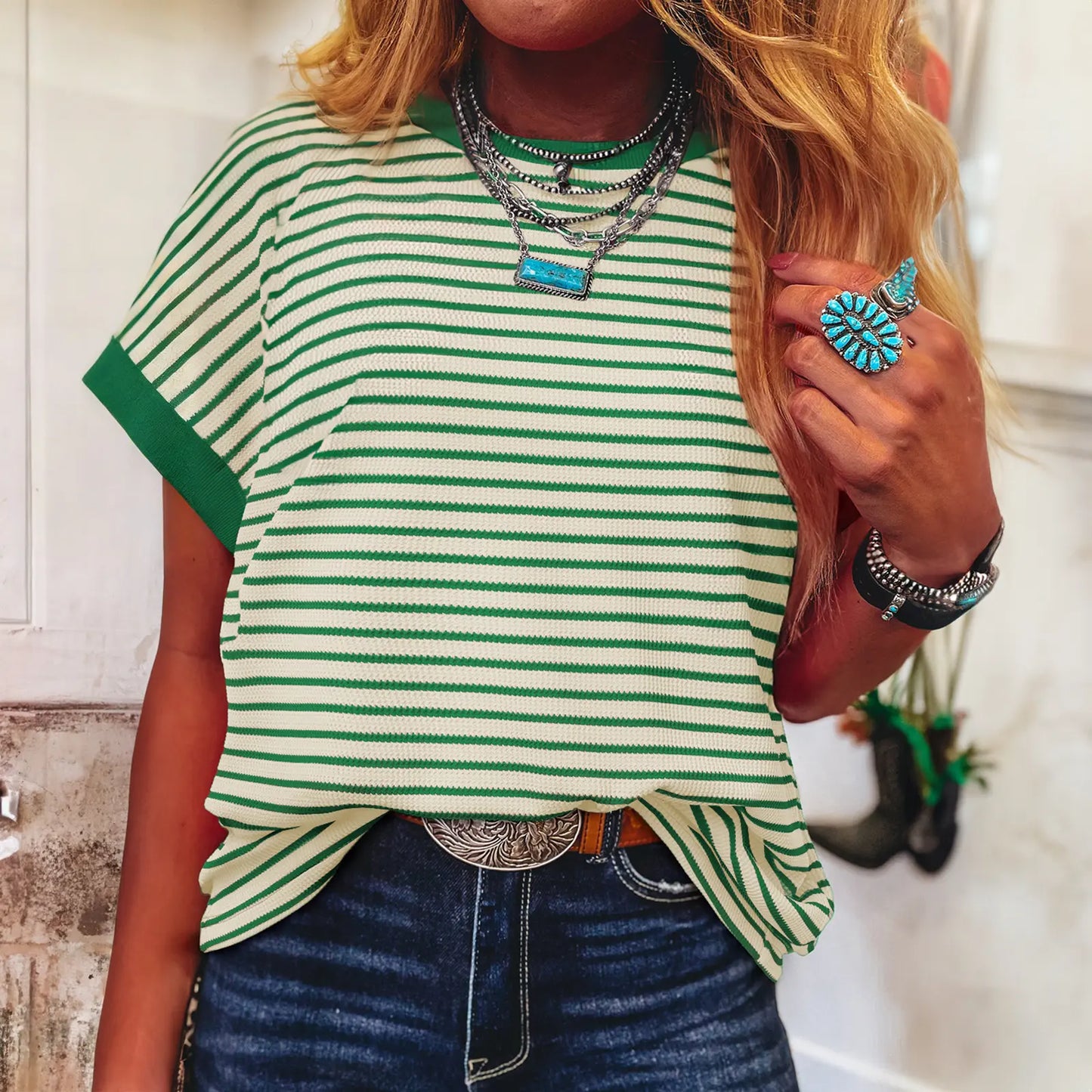 Asvivid T Shirts Women Striped Ribbed Knitted Top Drop Shoulder Round Neck T-Shirt Summer Tops Daily Everyday Wear Shirt Casual Fashion Crewneck Tshirt Womenswear#DealsForYouDays