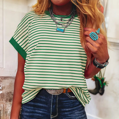 Asvivid T Shirts Women Striped Ribbed Knitted Top Drop Shoulder Round Neck T-Shirt Summer Tops Daily Everyday Wear Shirt Casual Fashion Crewneck Tshirt Womenswear#DealsForYouDays