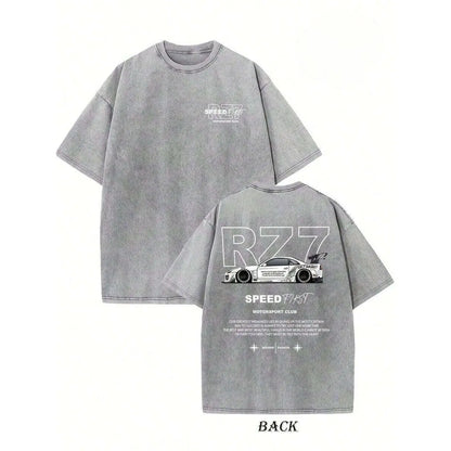 Summer TopsRetro Vintage Creative Pattern "" Washed T-Shirt Double-Sided Printed T-Shirt Heavy 220g Pure Cotton Falling Shoulder T-Shirt Retro Street
