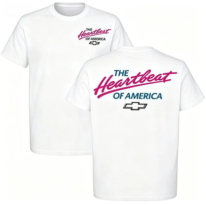 Cotton Soft Short-Sleeve Classic Casual "The Heartbeat Of America" Chevy Graphic Tee, Retro Neon Style American Car Top, Full Size, Full Color