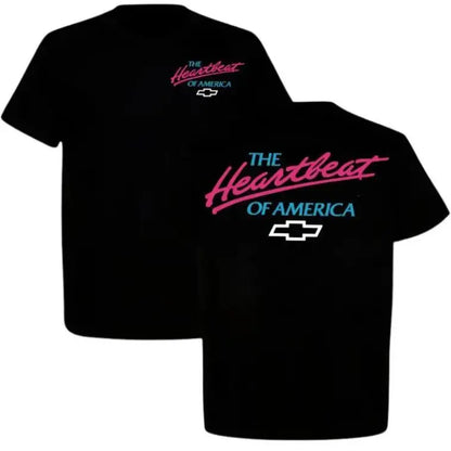 Cotton Soft Short-Sleeve Classic Casual "The Heartbeat Of America" Chevy Graphic Tee, Retro Neon Style American Car Top, Full Size, Full Color