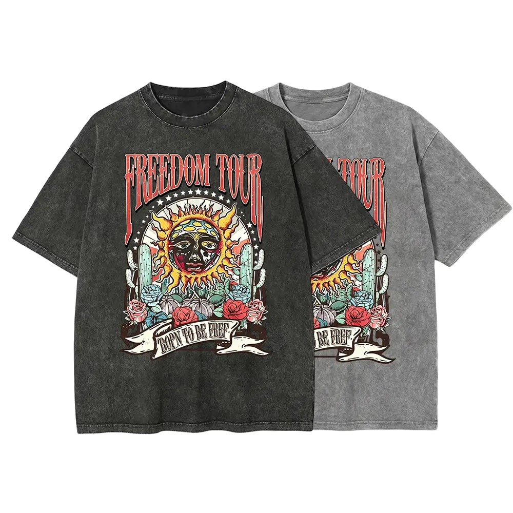 Retro Sublime style sun pattern T-shirt, heavyweight pure cotton Freedom tour band T-shirt, retro mineral washed summer music festival casual loose T-shirt