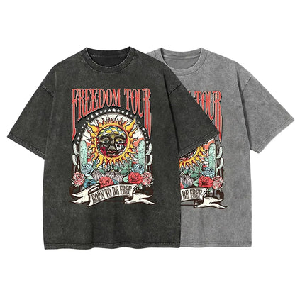 Retro Sublime style sun pattern T-shirt, heavyweight pure cotton Freedom tour band T-shirt, retro mineral washed summer music festival casual loose T-shirt