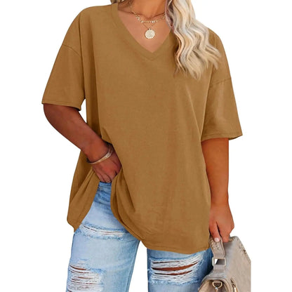 Tankaneo  Women's Plus Size V Neck T Shirts Summer Half Sleeve Tees Casual Loose Fit Cotton Tunic Tops