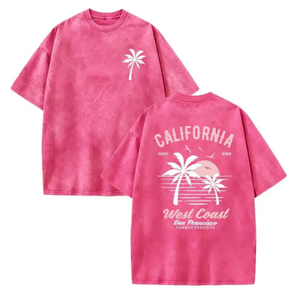 Washed Cotton California Graphic  –  Soft Vintage Surf Beach  with Palm Trees & Retro Print, Loose Fit Summer Casual Shirt for Men Women, Unisex Machine Washable