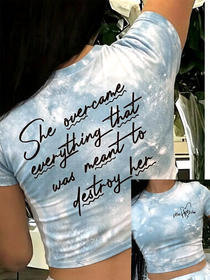 Women's Y2K Style Letter Print Round Neck Short Top, Fitted Motivational Slogan T-Shirt, Casual Everyday Streetwear for Daily Wear，short top
