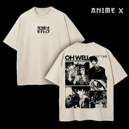 Retro Vintage Cowboy Bebop Anime Double Printed Washed T-shirt Unisex Mineral Anime Manga Washed Heavy Cotton T-shirt, Gift For Anime Fan Lover