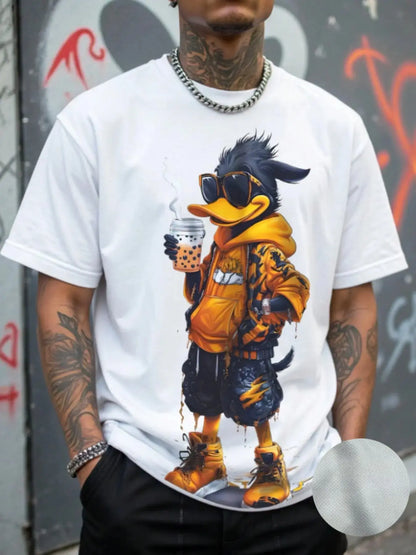 Men's 3D Cartoon Print Round Neck Short Sleeve Casual Streetwear T-Shirt, Fitted All over Print, Long Clothing, All Seasons Wear