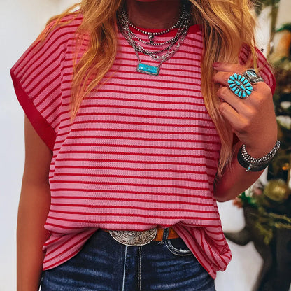 Asvivid T Shirts Women Striped Ribbed Knitted Top Drop Shoulder Round Neck T-Shirt Summer Tops Daily Everyday Wear Shirt Casual Fashion Crewneck Tshirt Womenswear#DealsForYouDays