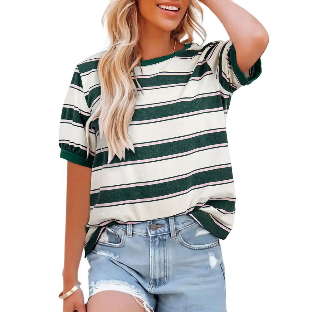 Dokotoo Women's Summer Tops 2026 Striped Color Block Short Sleeve T-Shirts Crewneck Casual Loose Basic Tee Blouses 95% Cotton 5% Elastane Breathable Lightweight Soft Durable