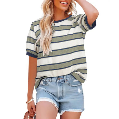 Dokotoo Women's Summer Tops 2026 Striped Color Block Short Sleeve T-Shirts Crewneck Casual Loose Basic Tee Blouses 95% Cotton 5% Elastane Breathable Lightweight Soft Durable