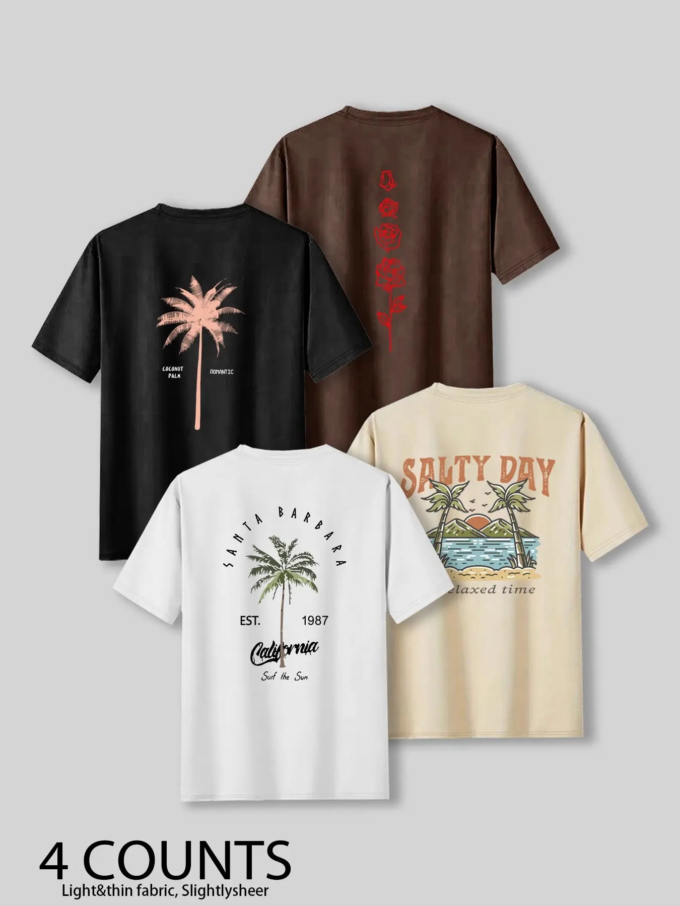 Men's Palm Tree & Letter Print Tropical Short Sleeve Graphic Casual Beach Tee, Regular Fit Casual Streetwear Round Neck T-shirt for Summer, Men's Top for Daily Wear, Menswear, Casual Summer Clothing, Casual Style Tee