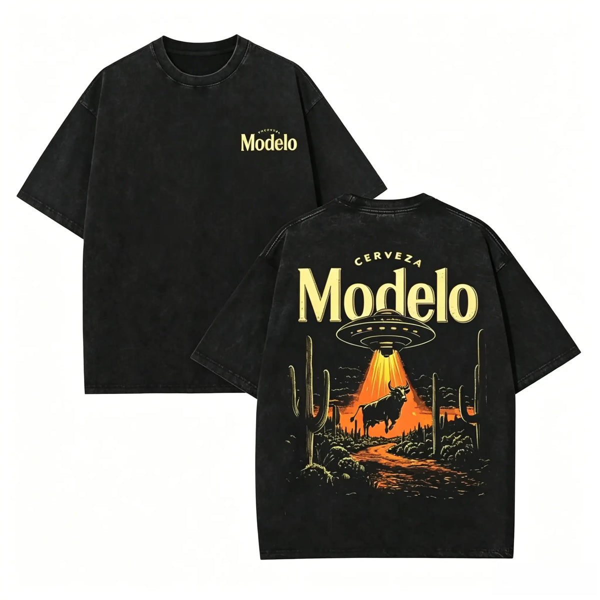 Women's Retro Soft Unisex Vintage Graphic T-Shirt - UFO Bull Desert Scene Print, Distressed Washed Cotton Fabric, Round Neck Short Sleeve Streetwear Outfits for Matching Pants