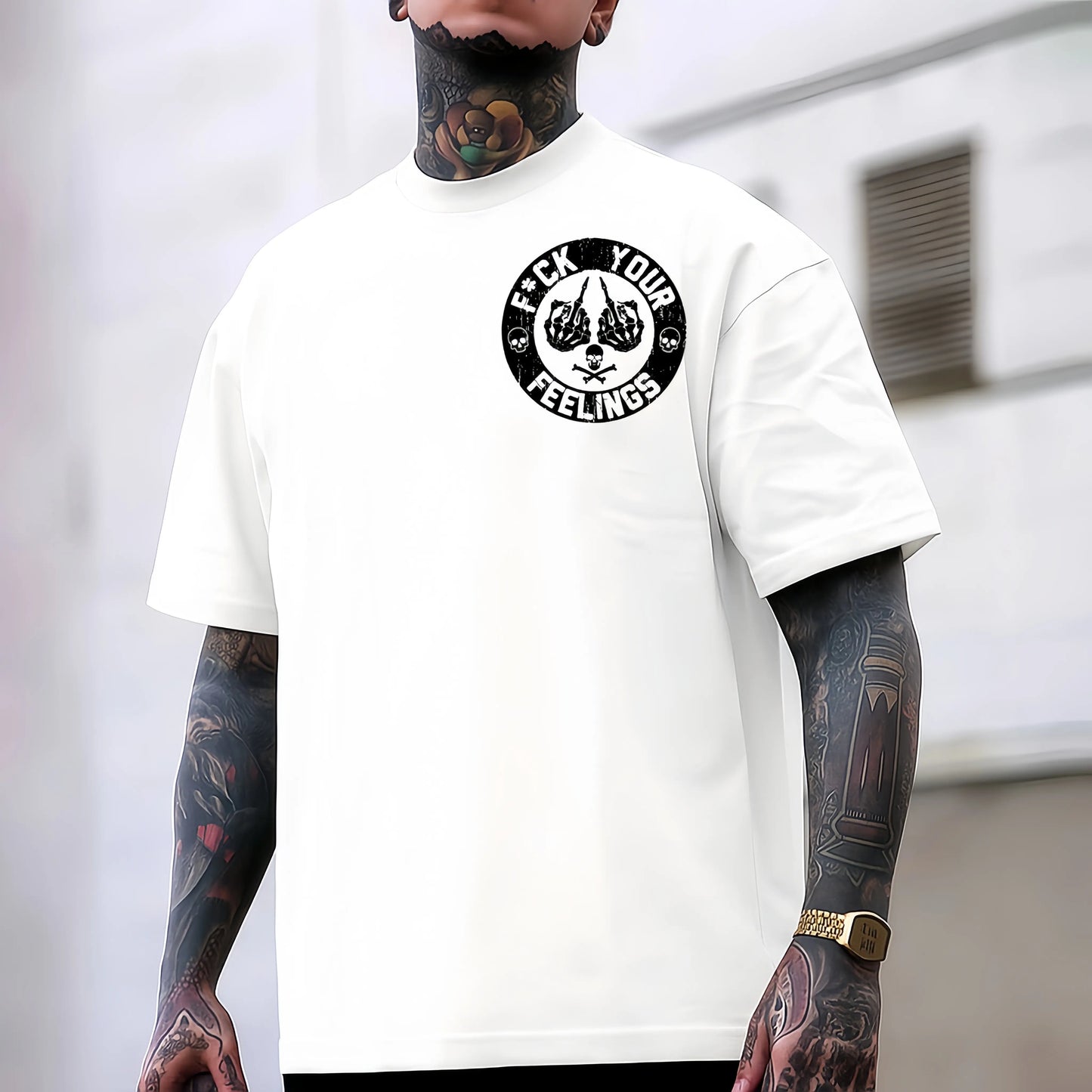 Men's "F*ck Your Feelings" Skull Graphic T-Shirt, Short-Sleeve Round Neck Loose Menswear, Bold Statement Limited Edition Fashion Streetwear Casual Angel Tee tiktokshopspringglowup,summervibes
