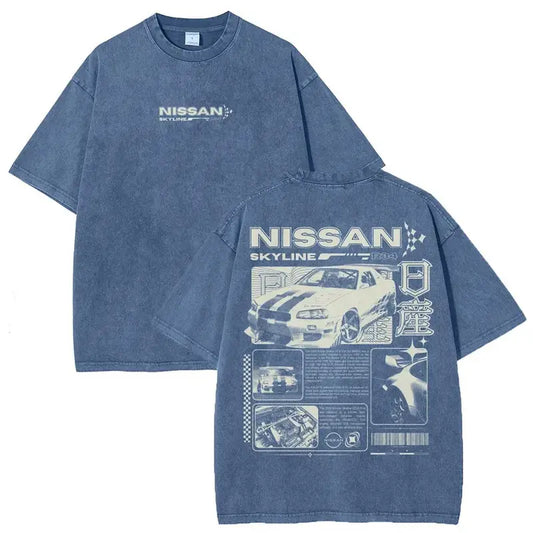 Vintage JDM Sports Car Graphic Washed Denim T-Shirt Skyline Men's Graphic Tees Streetwear Outfits Men Vacation Outfits Oversized Tshirt Men Casual Crew Neck Top