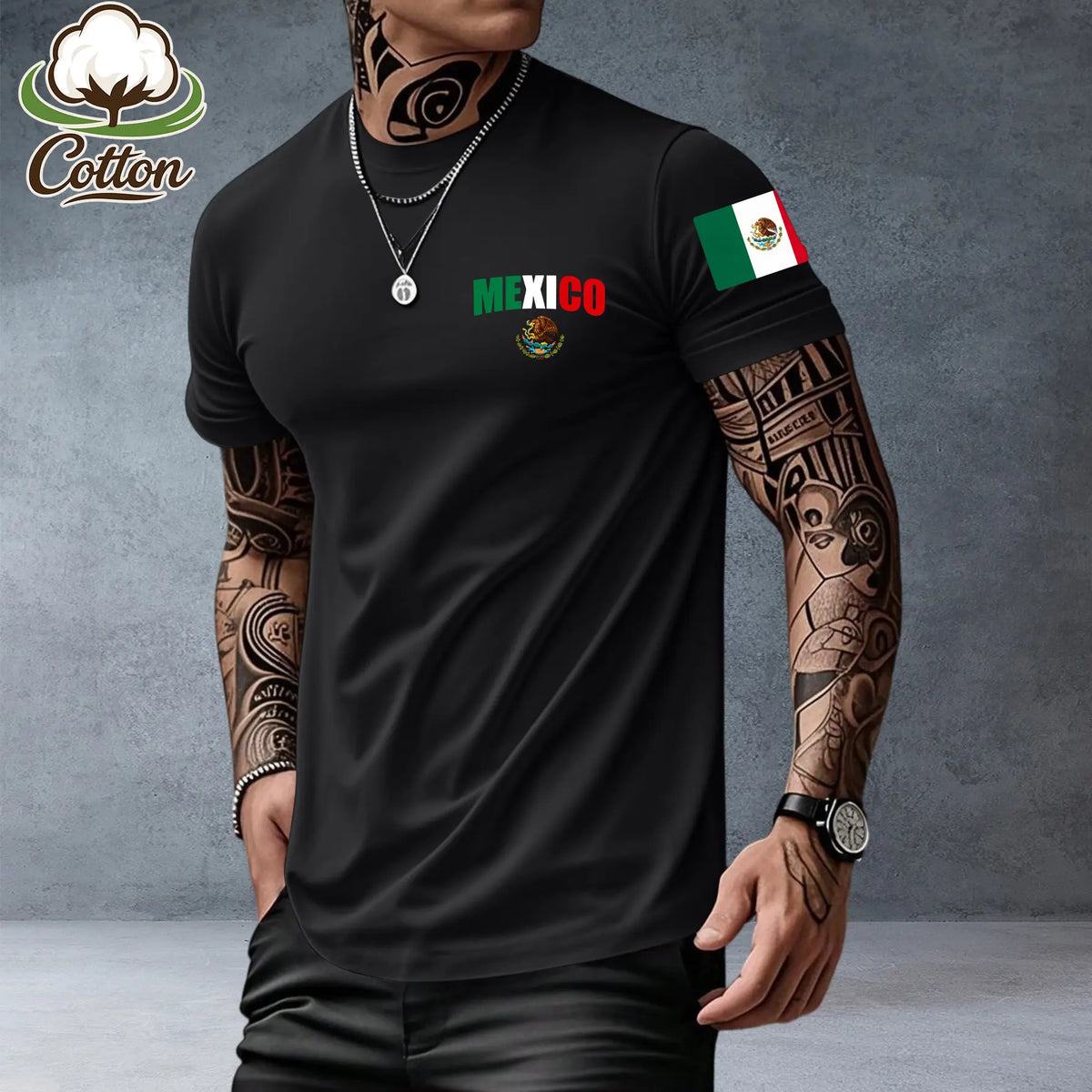 Men’s heavyweight summer loose-fit cotton short-sleeve T-shirt with Mexican-themed print. Trendy, fashionable casual athletic top for men—perfect for summer outfits; a great gift for a boyfriend or brother; suitable for streetwear, commuting, outdoor acti