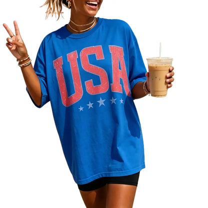 Retro America 4th Of July Shirt Preppy Fourth of July Tshirt Trendy Oversized USA Tee Aesthetic Patriotic Shirt Casual Summer Womenswear