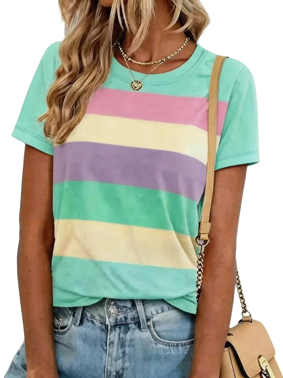 Women's Summer New Fashion Round Neck Wide Striped Print Short Sleeve T-Shirt, Womenswear, Soft Casual Vacation Commute, Baggy Loose-Fitting