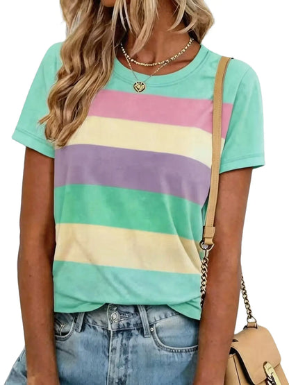 Women's Summer New Fashion Round Neck Wide Striped Print Short Sleeve T-Shirt, Womenswear, Soft Casual Vacation Commute, Baggy Loose-Fitting